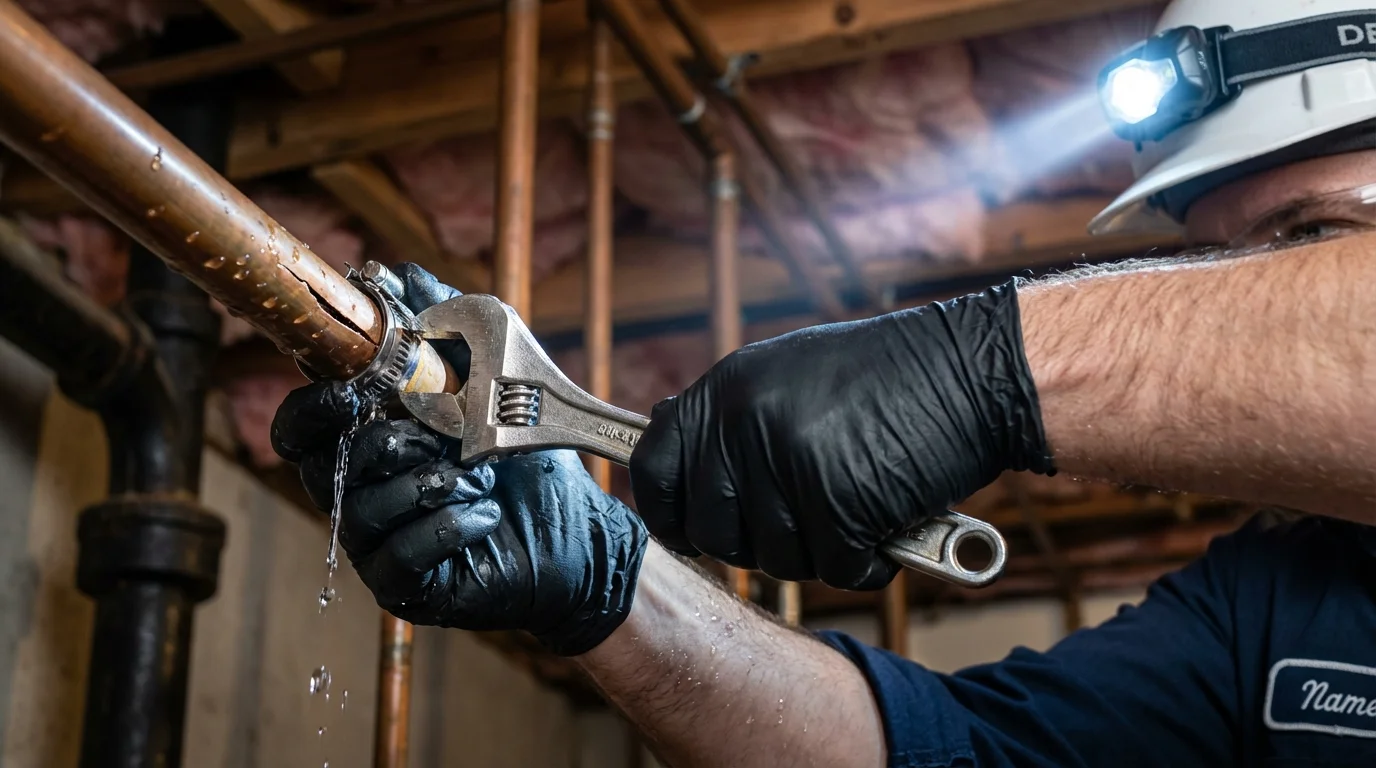 Emergency pipe clamp repair being performed by a Johns Plumbing LLC plumber in Anadarko