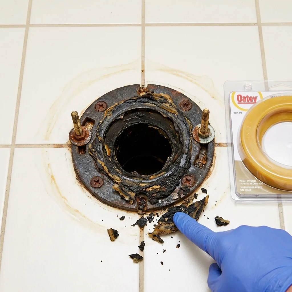 Failed wax ring showing water seepage at the base of a toilet in a Anadarko, OK home